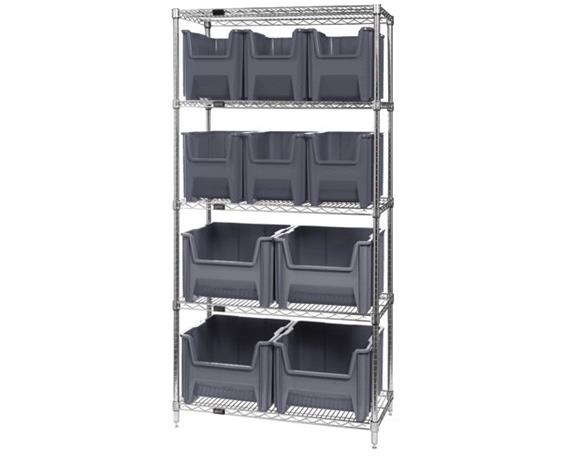 CHROME WIRE SHELVING UNITS WITH GIANT HOPPER BINS